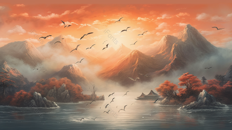 中国风秀美山河树木森林湖泊自然美景背景,插画/手绘图,插画/手绘图库,插画/手绘图下载,插画/手绘